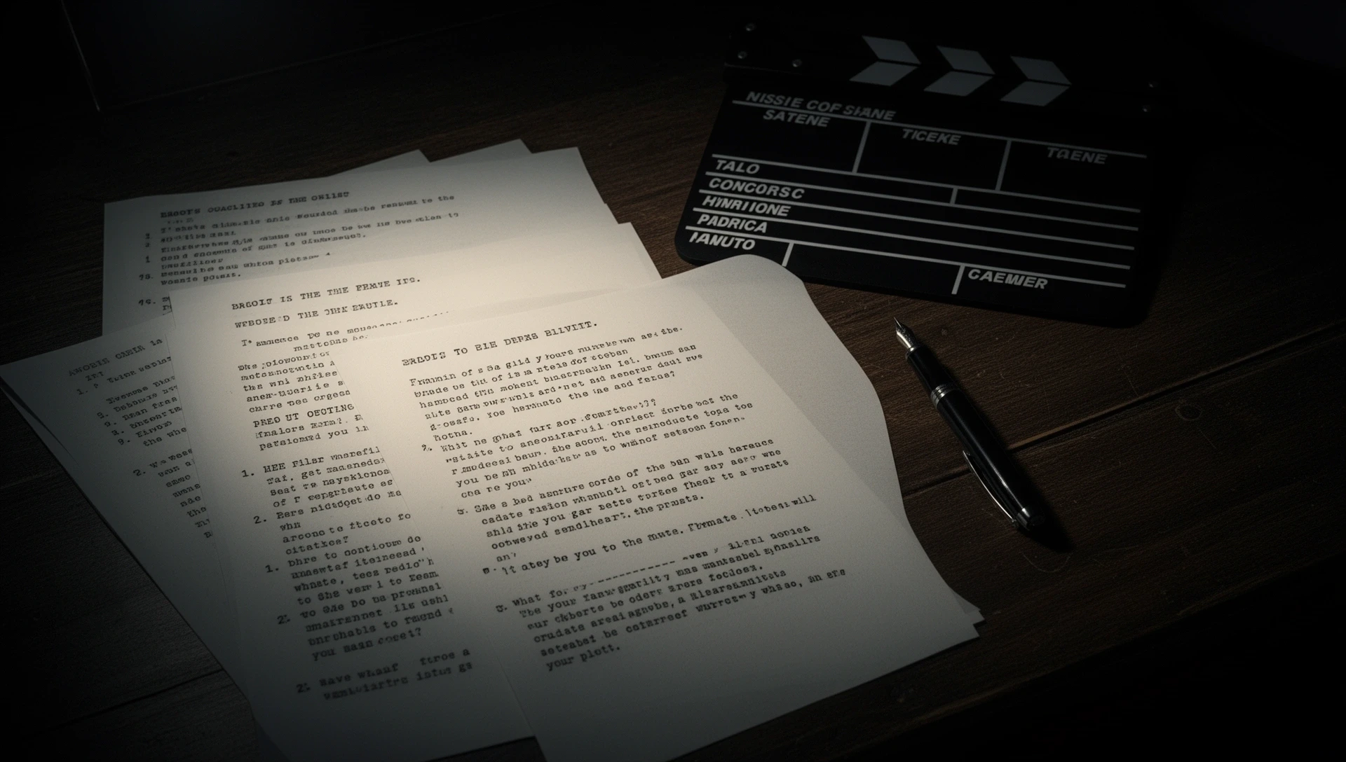 Drehbuch auf Schreibtisch mit Klappe und Stift